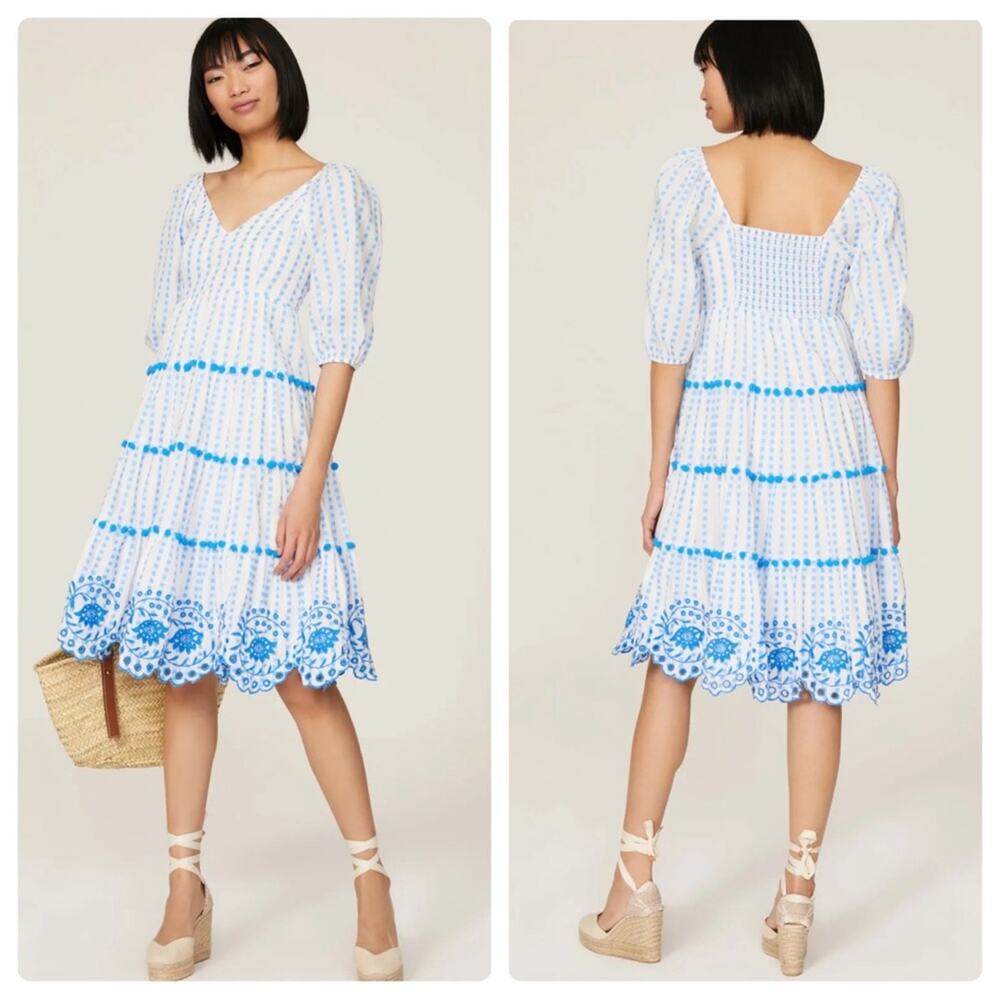Lilly Pulitzer Sidney Dress‎ Boho Embroidered Eyelet Tiered Pompon Midi Sundress